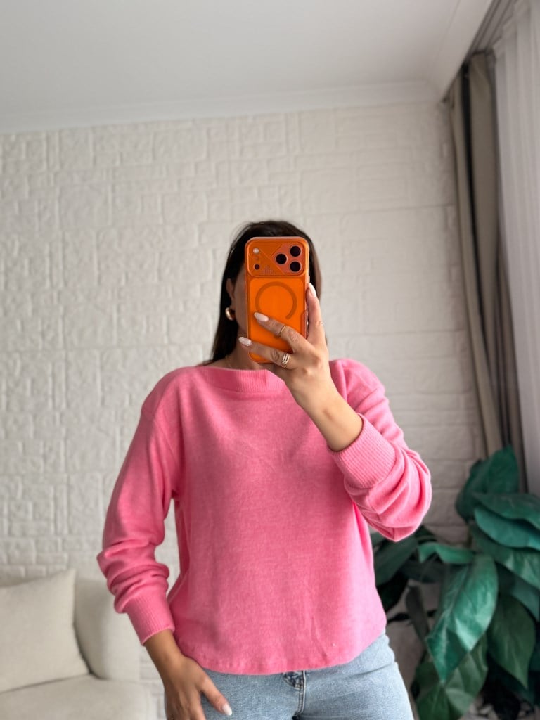 Orijinal Marka Kayık Yaka Triko Kazak Pembe