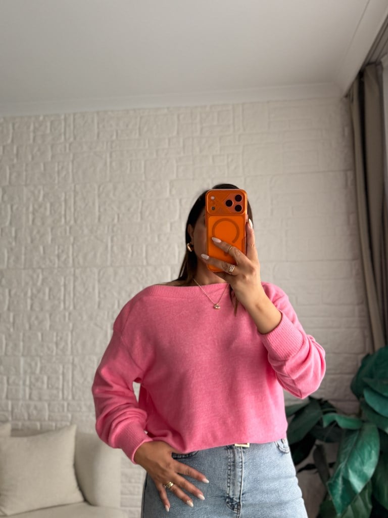 Orijinal Marka Kayık Yaka Triko Kazak Pembe