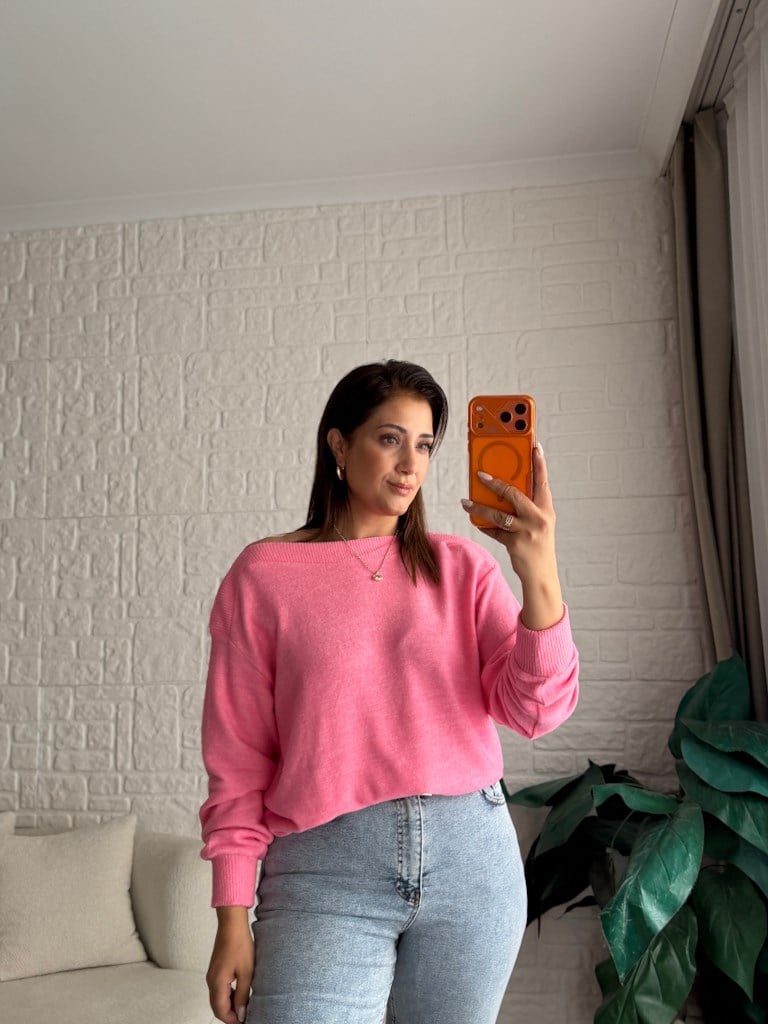 Orijinal Marka Kayık Yaka Triko Kazak Pembe