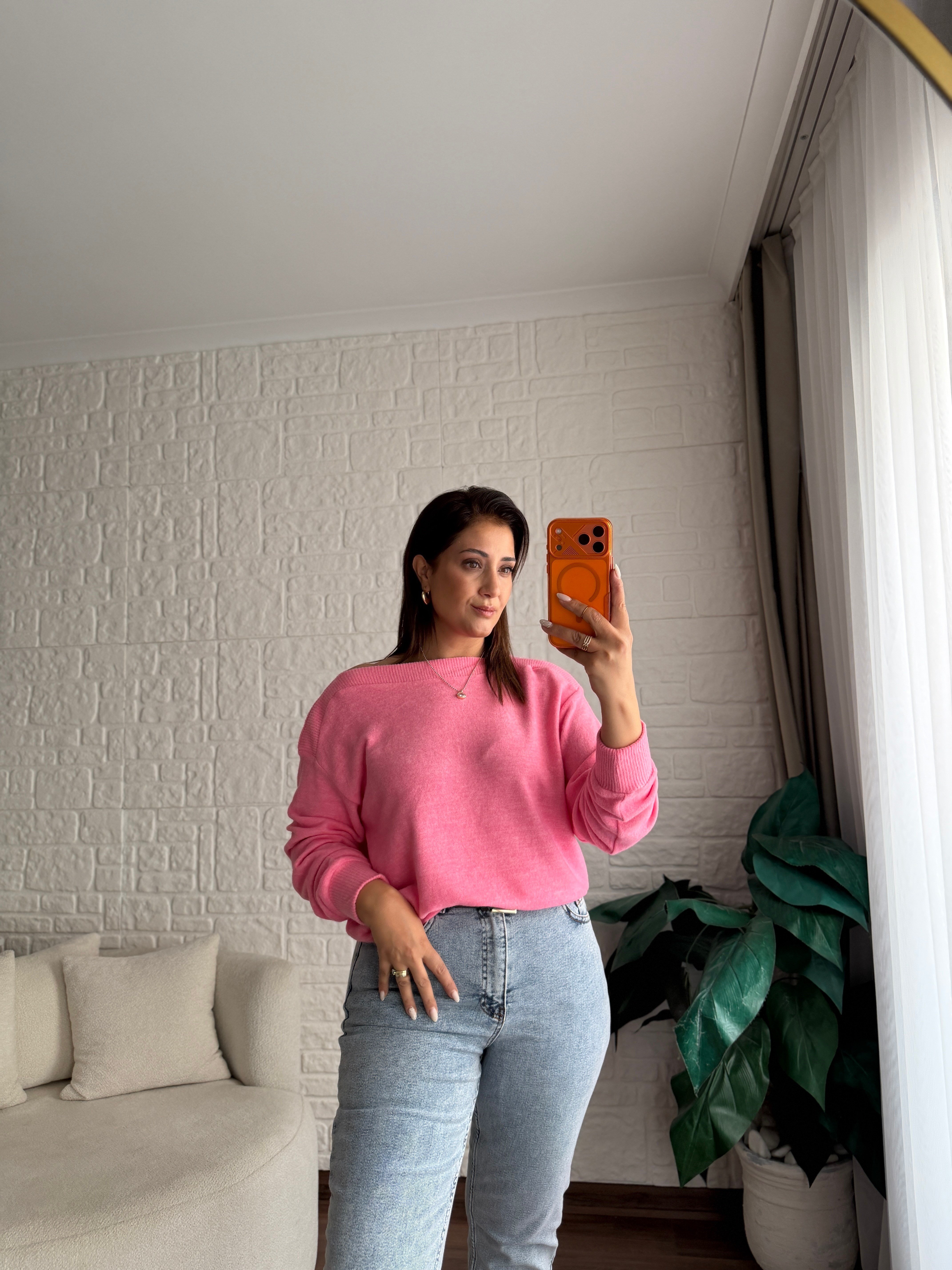 Orijinal Marka Kayık Yaka Triko Kazak Pembe