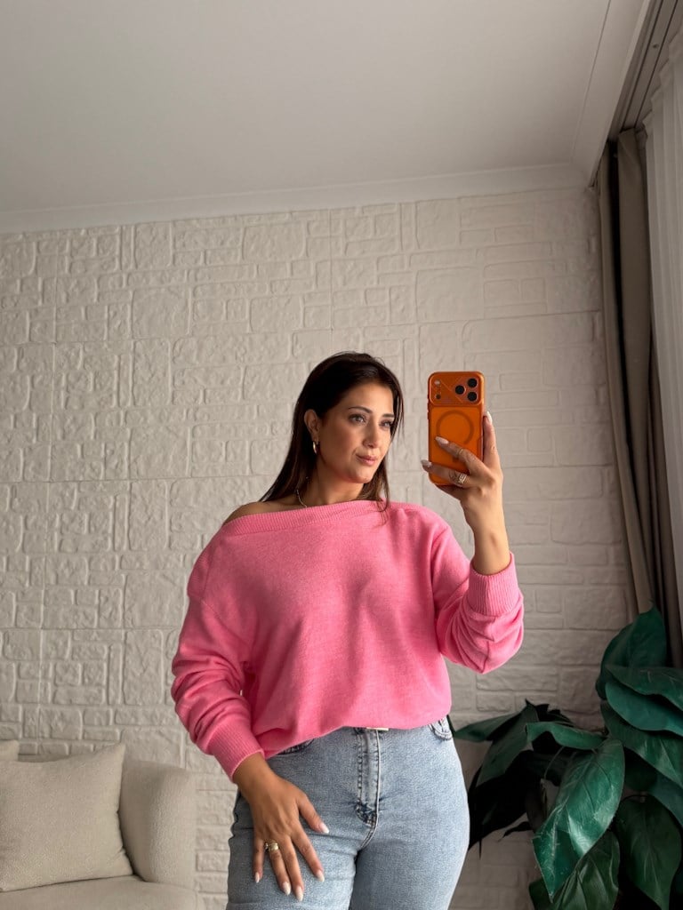 Orijinal Marka Kayık Yaka Triko Kazak Pembe