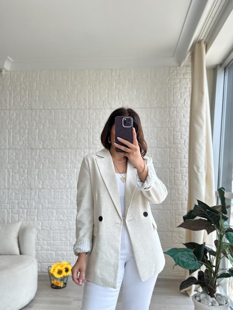 Orijinal Marka Keten Blazer Ceket Krem