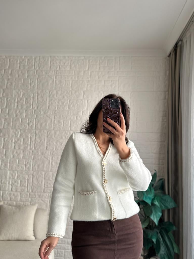 Orijinal Marka Parıltılı Biyeli Angora Hırka Ekru