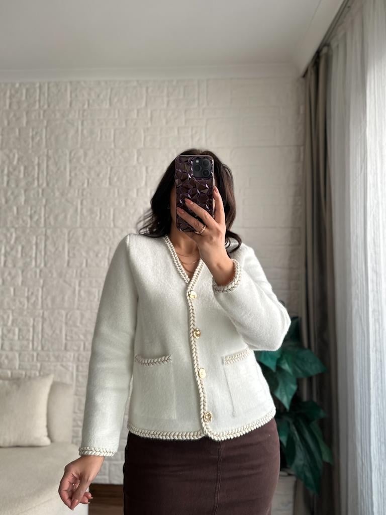 Orijinal Marka Parıltılı Biyeli Angora Hırka Ekru