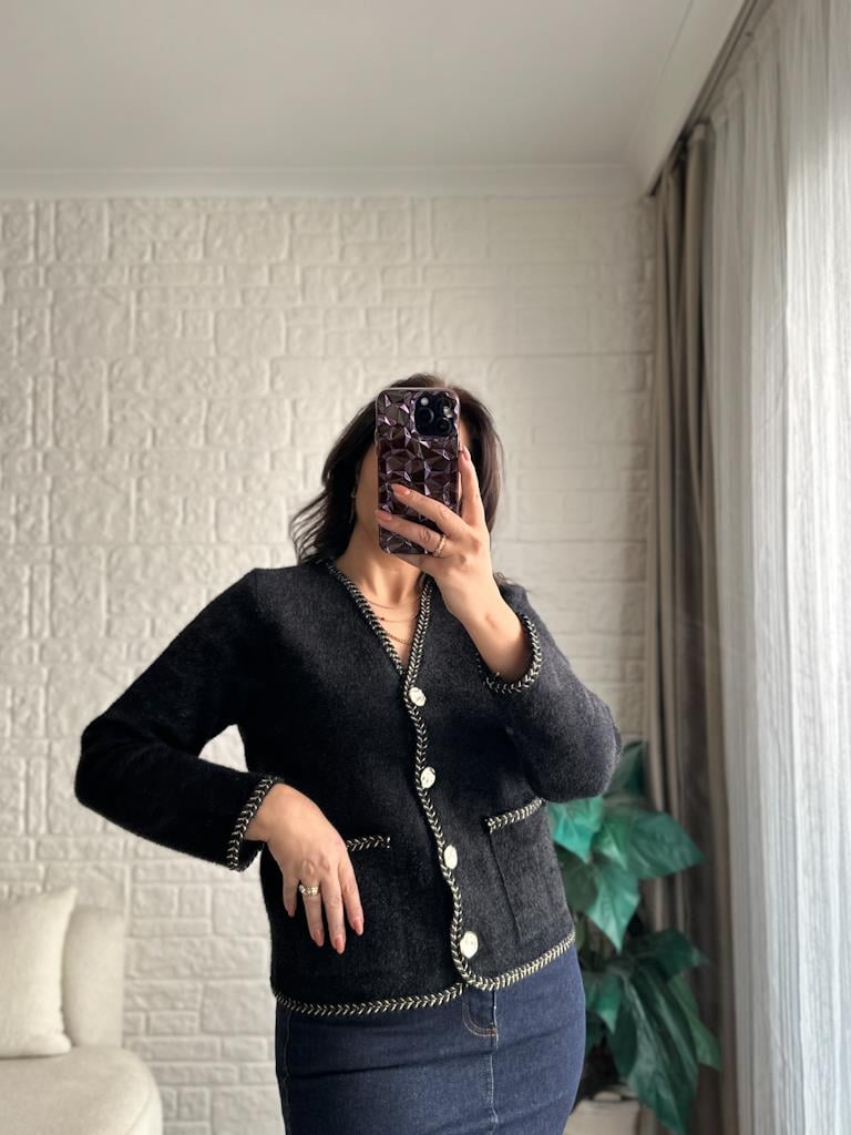 Orijinal Marka Parıltılı Biyeli Angora Hırka Siyah