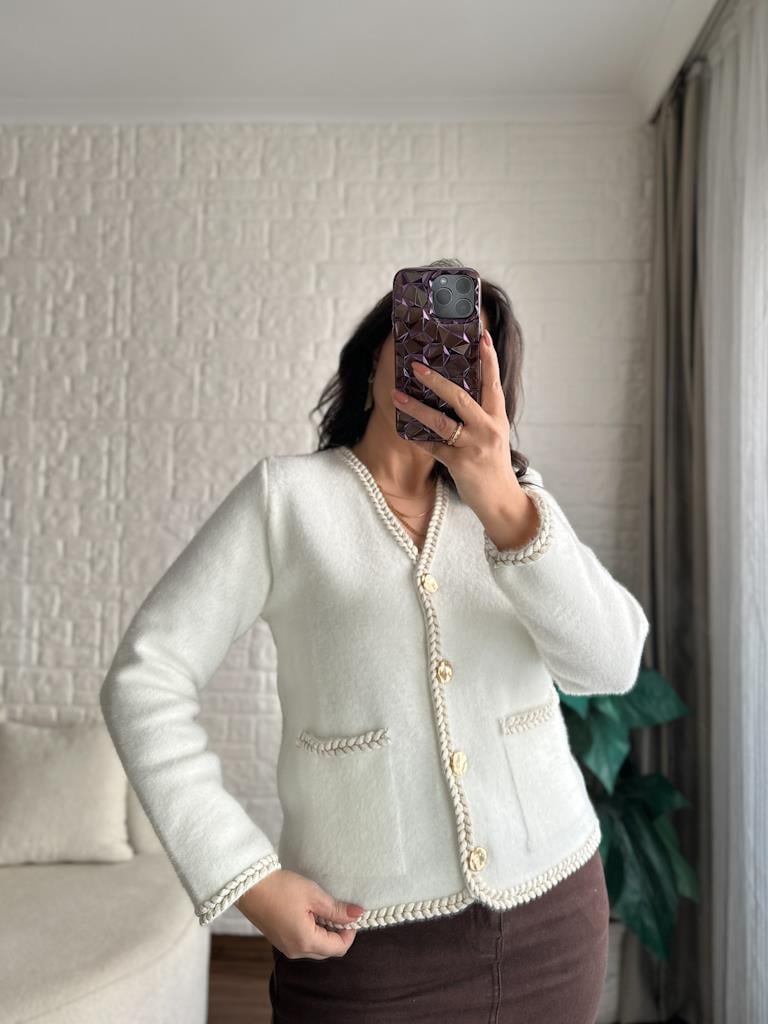 Orijinal Marka Parıltılı Biyeli Angora Hırka Ekru