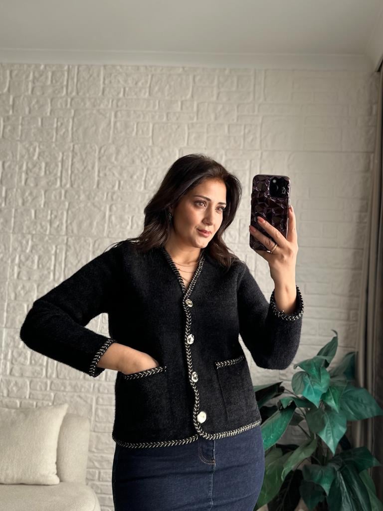 Orijinal Marka Parıltılı Biyeli Angora Hırka Siyah