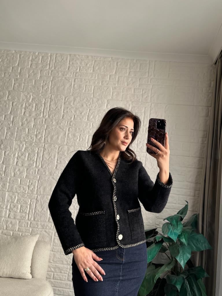 Orijinal Marka Parıltılı Biyeli Angora Hırka Siyah