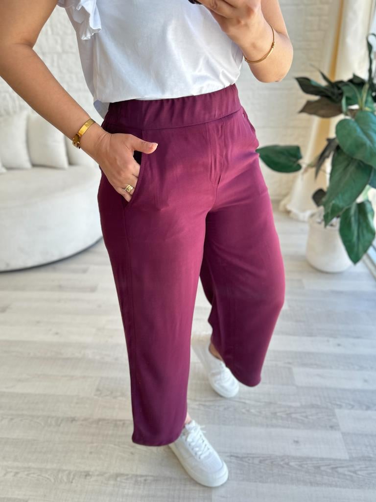 Orijinal Marka Tensel Kumaş Beli Lastikli Bilek Boy Pantolon Mor