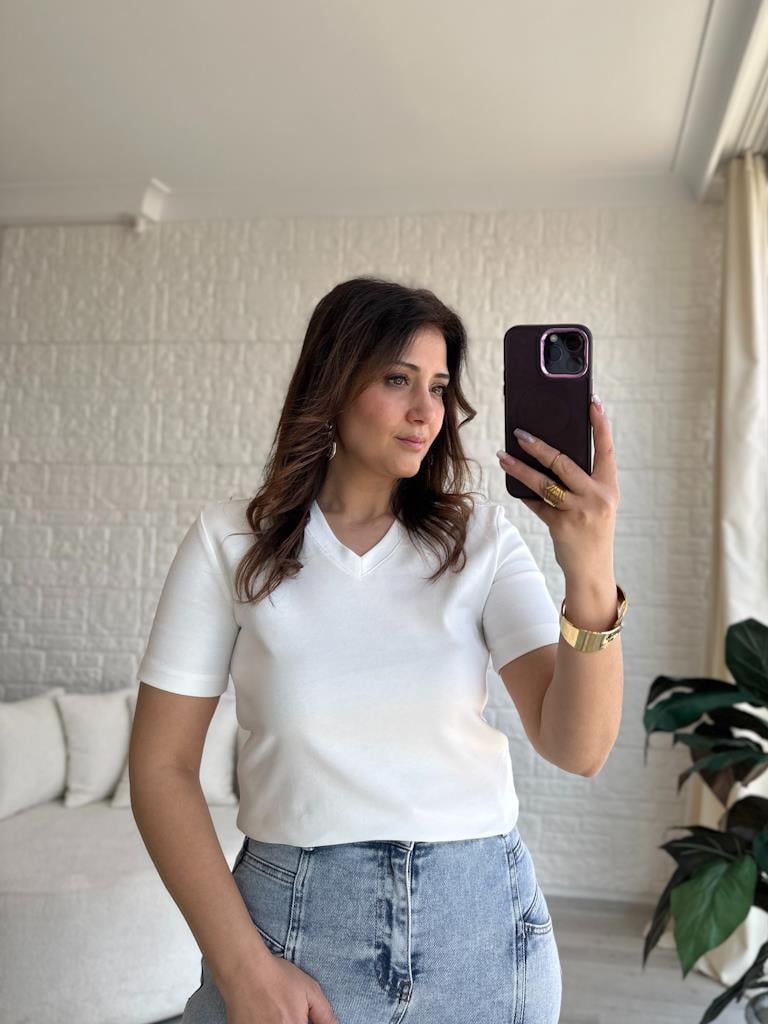 Orjinal Marka Basic Slim Kalıp Tişört Ekru