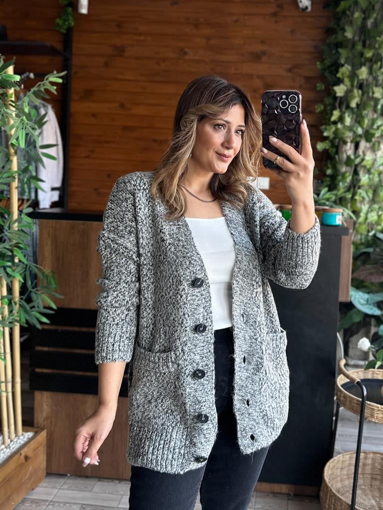 Orjinal Marka Düğmeli Kırçıllı Gri Salaş Hırka