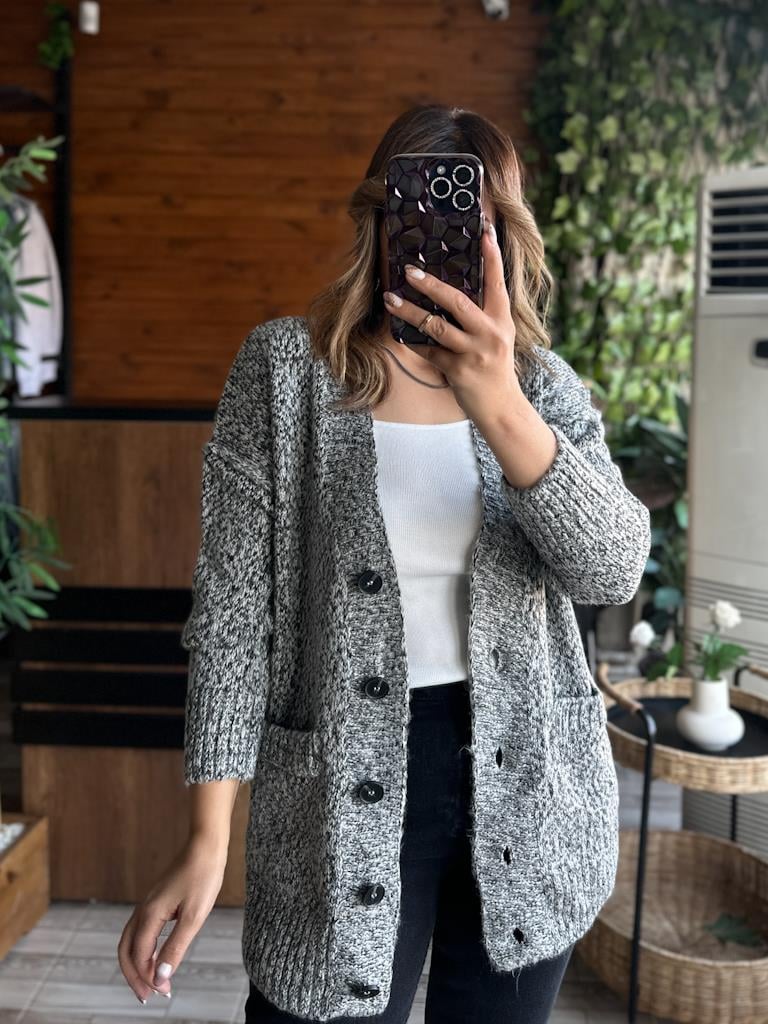 Orjinal Marka Düğmeli Kırçıllı Gri Salaş Hırka