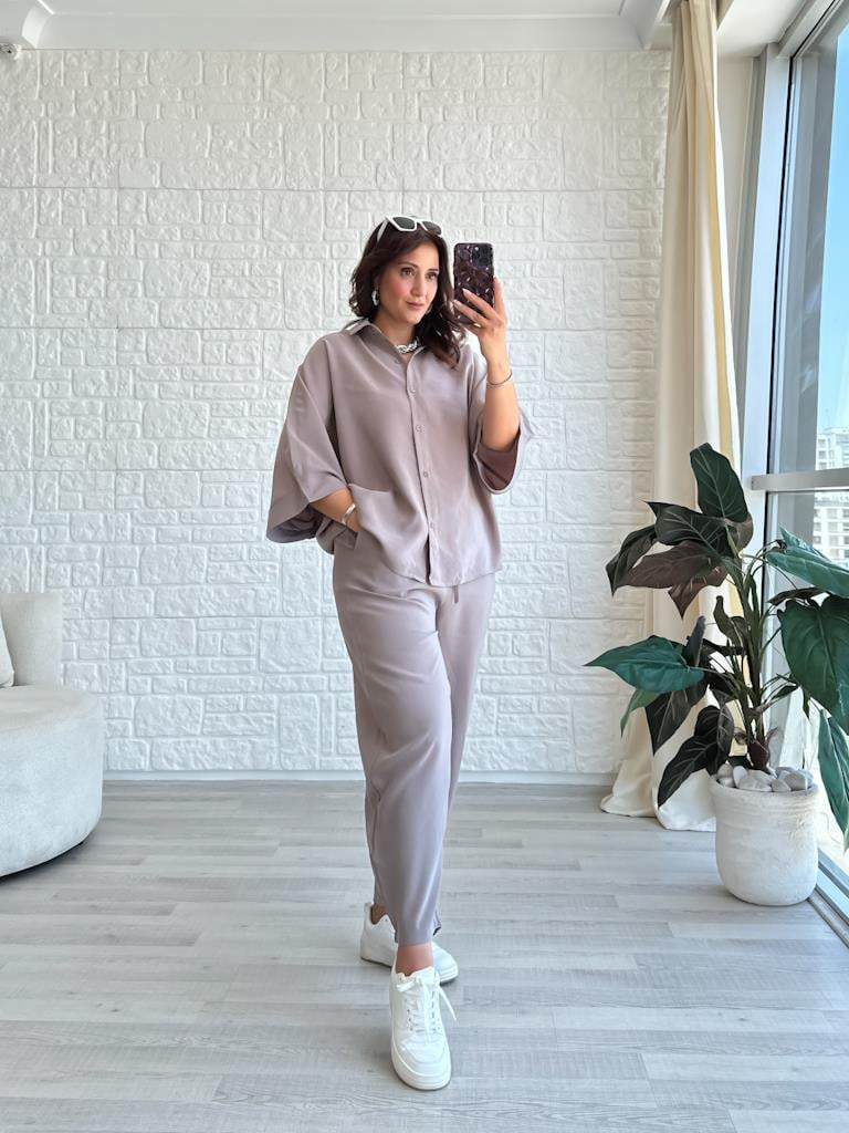 Orjinal Marka Moadal Yarasa Kol Salaş Gömlekli Takım Vizon