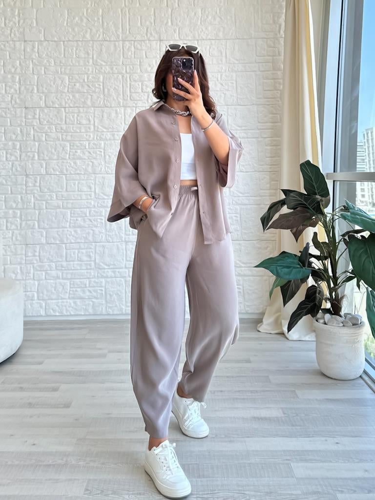 Orjinal Marka Moadal Yarasa Kol Salaş Gömlekli Takım Vizon