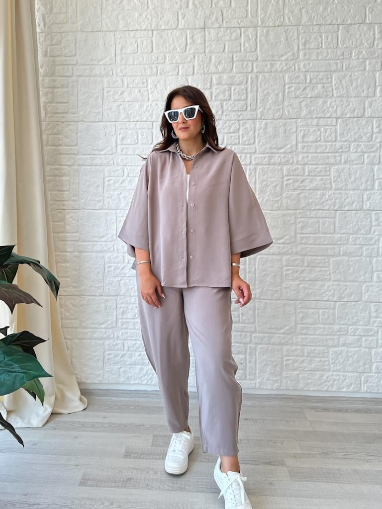 Orjinal Marka Moadal Yarasa Kol Salaş Gömlekli Takım Vizon