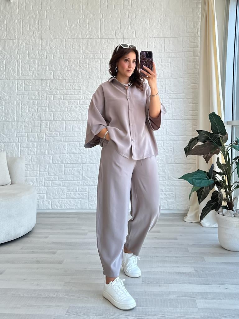 Orjinal Marka Moadal Yarasa Kol Salaş Gömlekli Takım Vizon