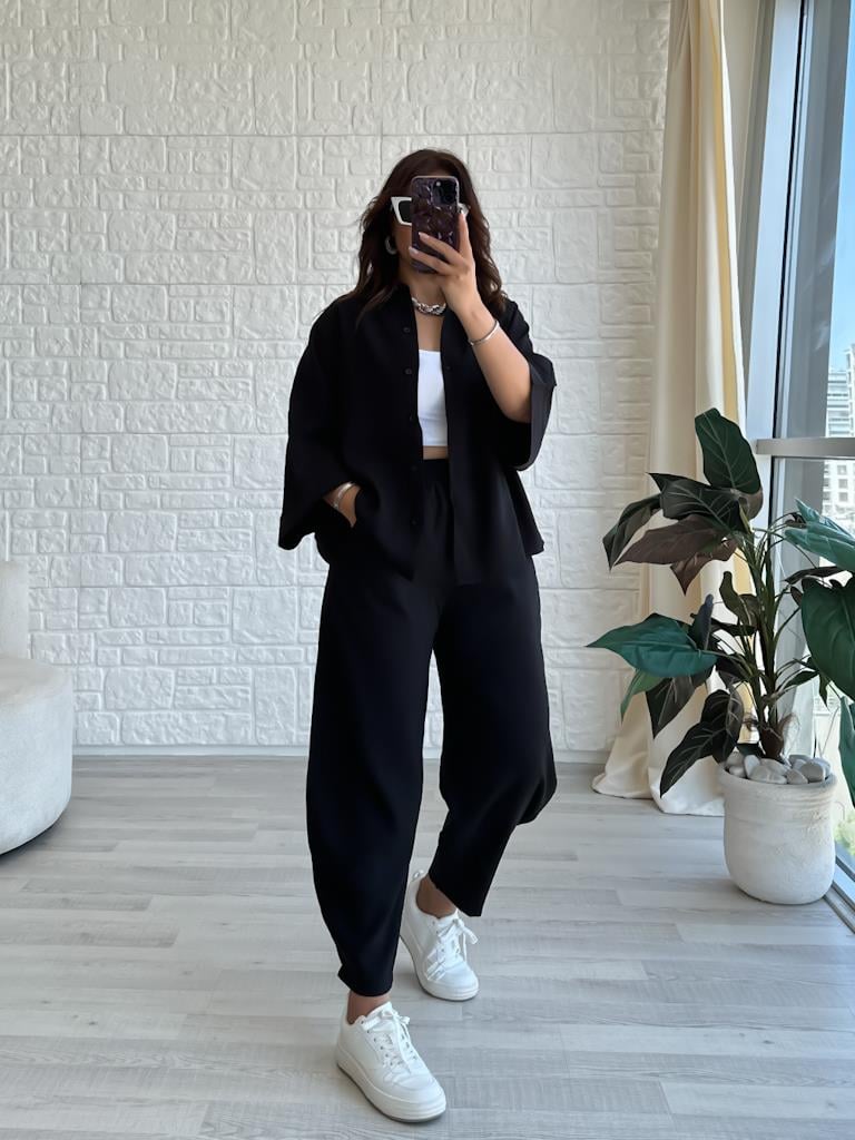 Orjinal Marka Moadal Yarasa Kol Salaş Gömlekli Takım Siyah