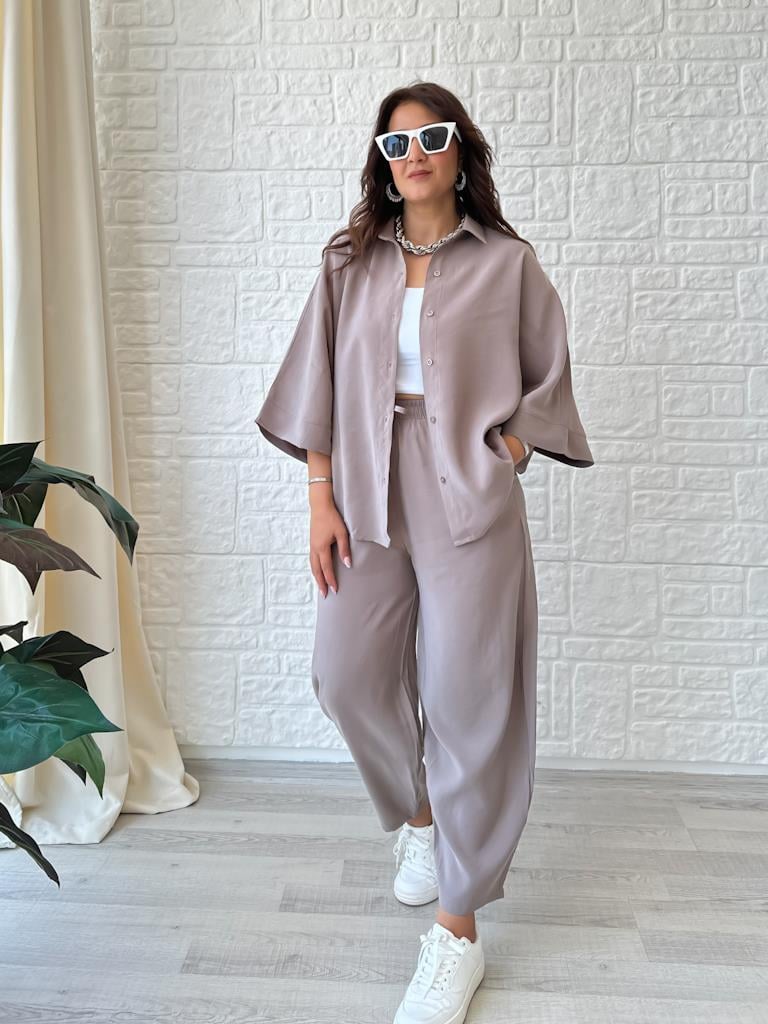 Orjinal Marka Moadal Yarasa Kol Salaş Gömlekli Takım Vizon