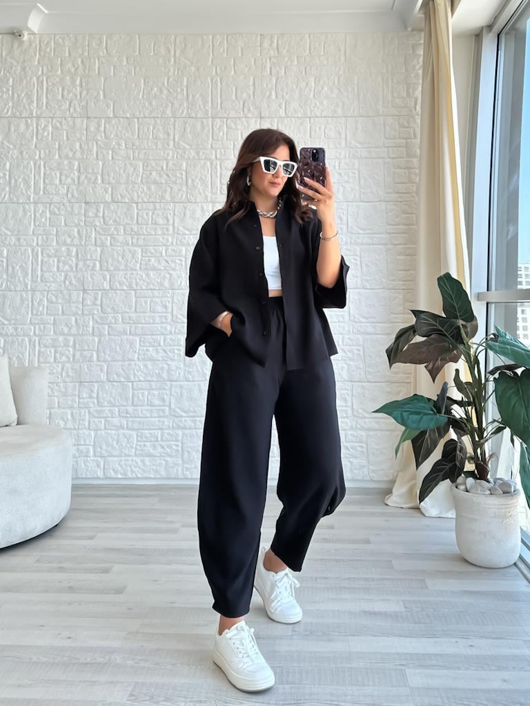 Orjinal Marka Moadal Yarasa Kol Salaş Gömlekli Takım Siyah