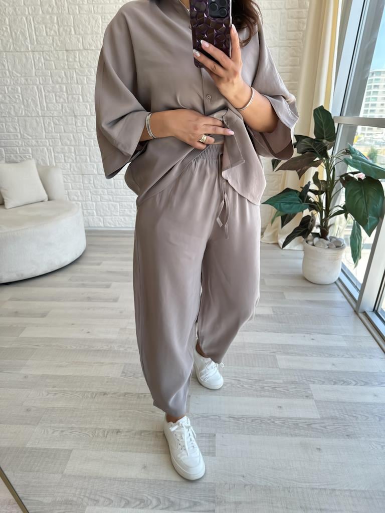 Orjinal Marka Moadal Yarasa Kol Salaş Gömlekli Takım Vizon