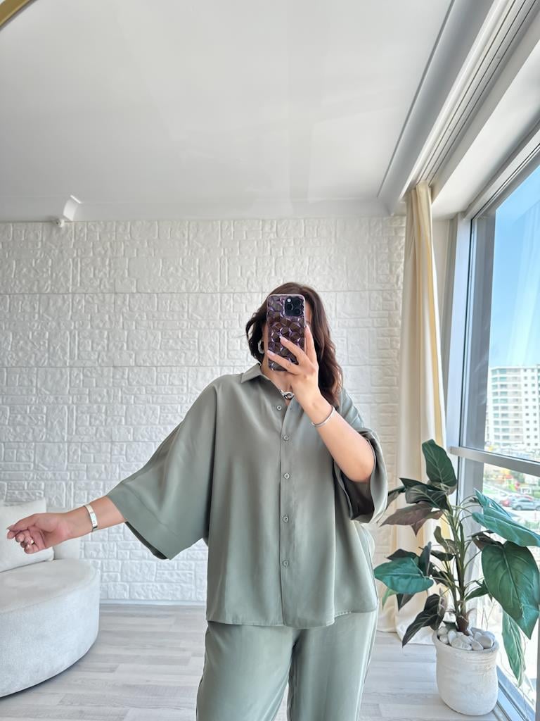 Orjinal Marka Moadal Yarasa Kol Salaş Gömlekli Takım Haki Yeşil