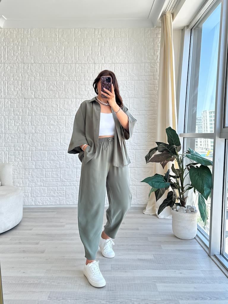 Orjinal Marka Moadal Yarasa Kol Salaş Gömlekli Takım Haki Yeşil