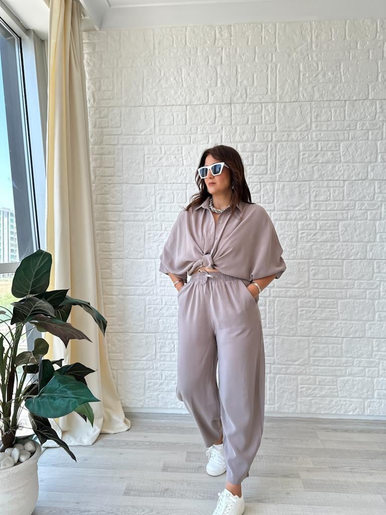 Orjinal Marka Moadal Yarasa Kol Salaş Gömlekli Takım Vizon