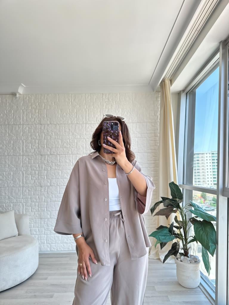 Orjinal Marka Moadal Yarasa Kol Salaş Gömlekli Takım Vizon