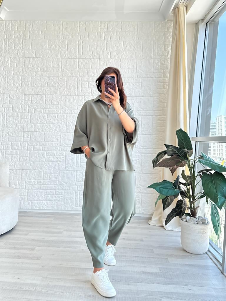 Orjinal Marka Moadal Yarasa Kol Salaş Gömlekli Takım Haki Yeşil