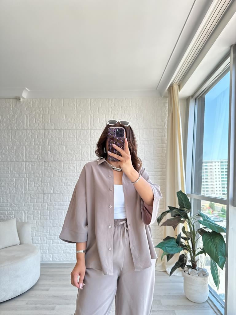 Orjinal Marka Moadal Yarasa Kol Salaş Gömlekli Takım Vizon