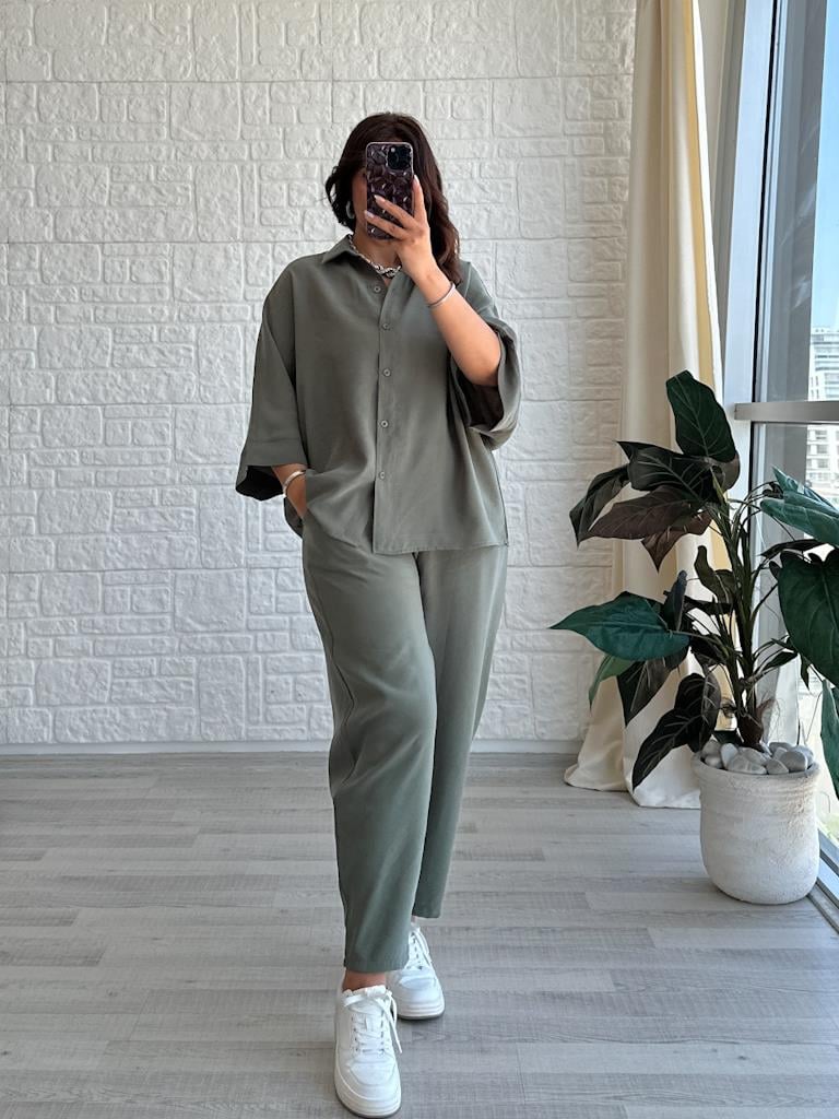 Orjinal Marka Moadal Yarasa Kol Salaş Gömlekli Takım Haki Yeşil