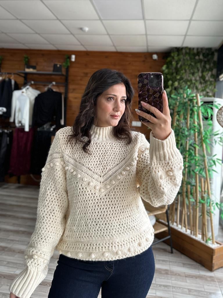 Orjinal Marka Örme Ajur Detay Balıkçı Yaka Kazak