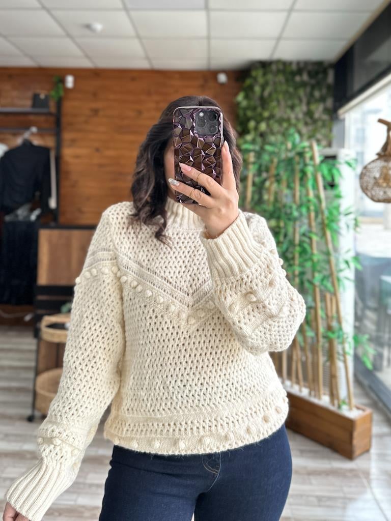 Orjinal Marka Örme Ajur Detay Balıkçı Yaka Kazak