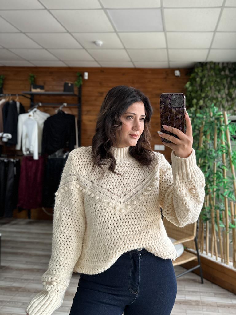 Orjinal Marka Örme Ajur Detay Balıkçı Yaka Kazak