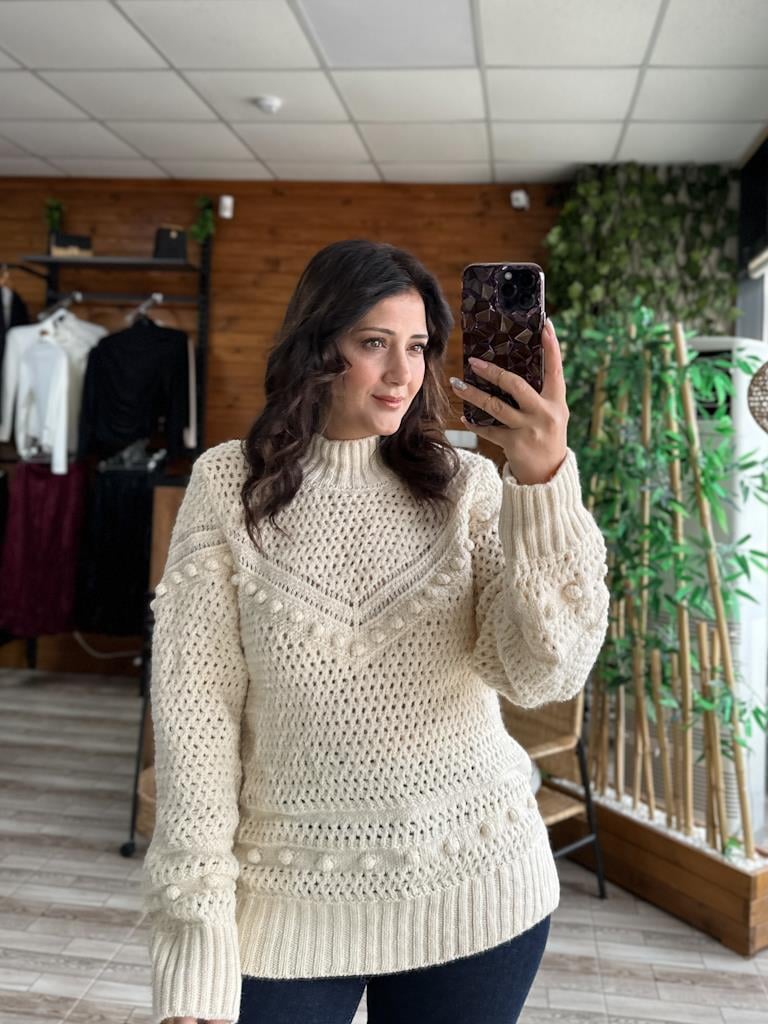 Orjinal Marka Örme Ajur Detay Balıkçı Yaka Kazak