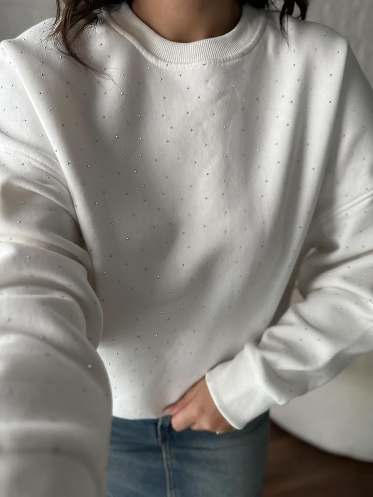Orjinal Marka Taşlı Üç İplik Şardonlu Sweatshirt Ekru