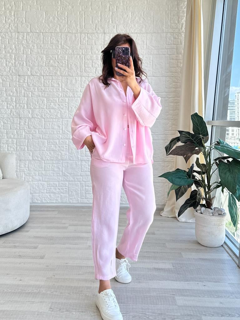Orjinal Marka Tensel Kumaş Kol Paça Pensli Takım Pembe