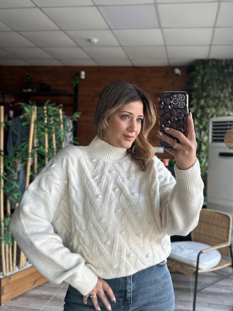 Orjinal Marka Yarım Balıkçı Örme Detay Salaş Kazak Krem