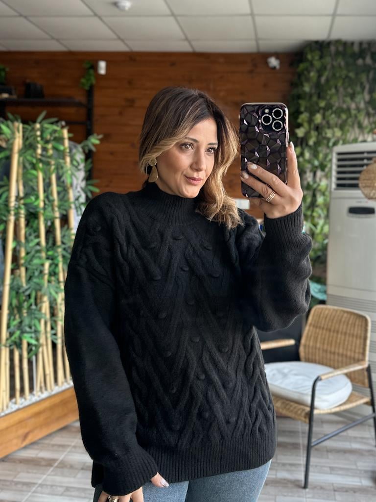 Orjinal Marka Yarım Balıkçı Örme Detay Salaş Kazak Siyah