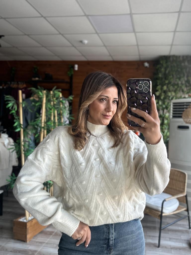 Orjinal Marka Yarım Balıkçı Örme Detay Salaş Kazak Krem