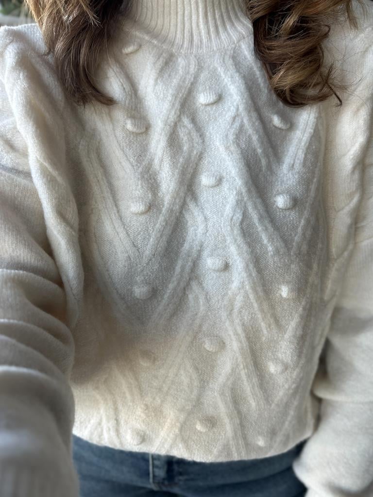 Orjinal Marka Yarım Balıkçı Örme Detay Salaş Kazak Krem