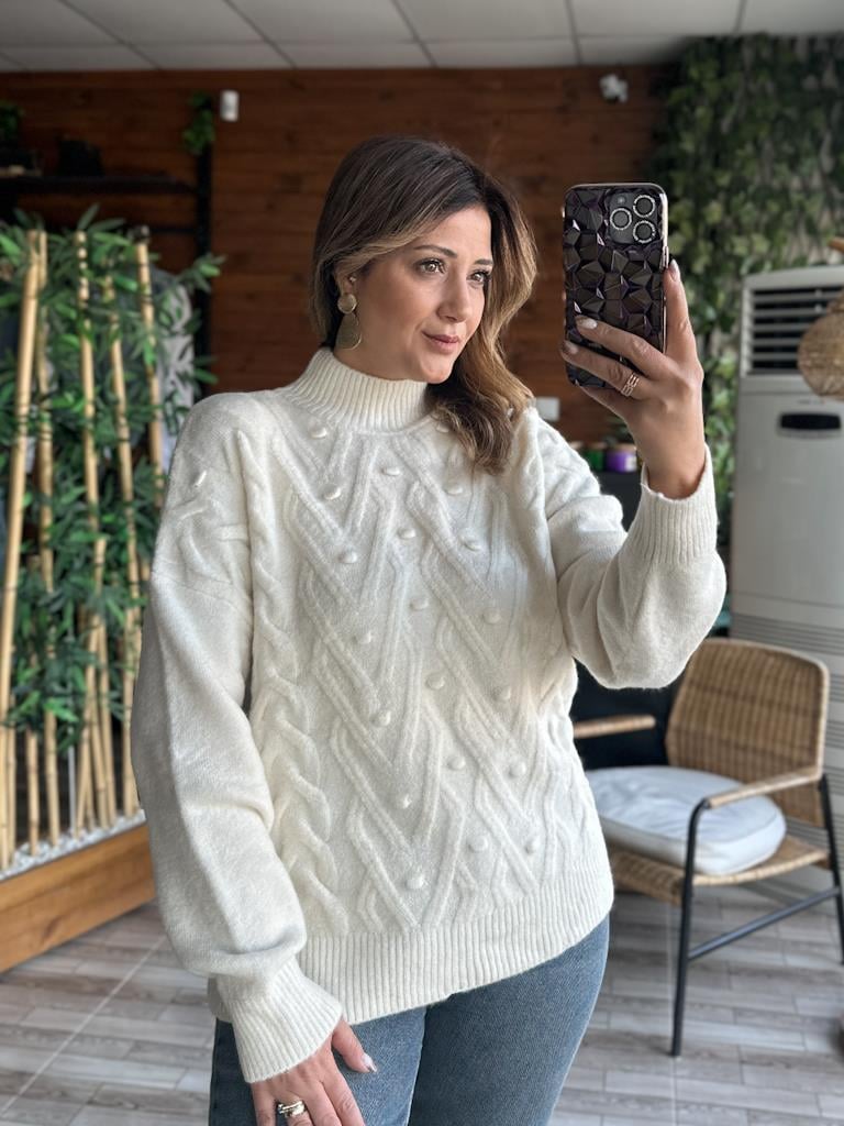 Orjinal Marka Yarım Balıkçı Örme Detay Salaş Kazak Krem