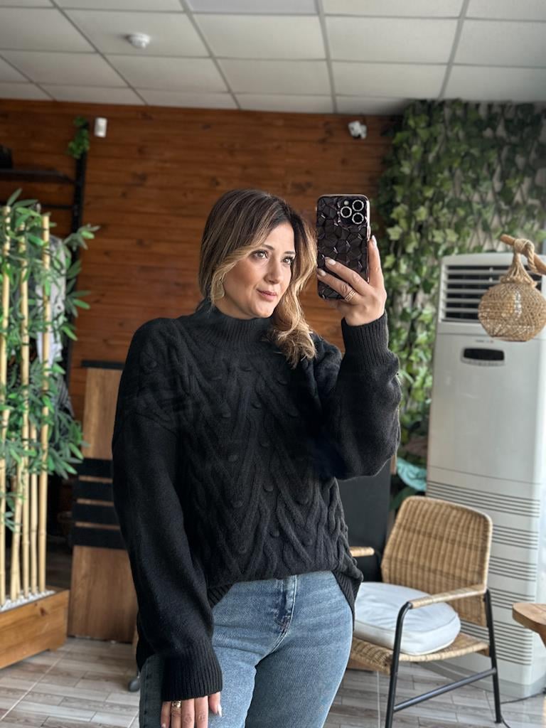 Orjinal Marka Yarım Balıkçı Örme Detay Salaş Kazak Siyah