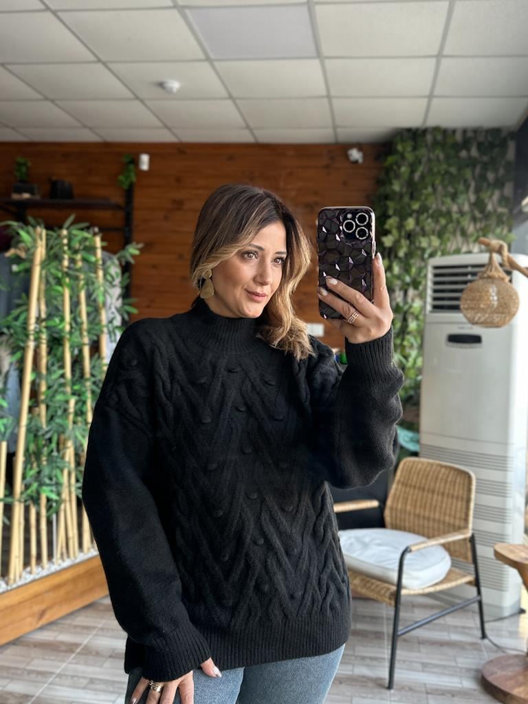 Orjinal Marka Yarım Balıkçı Örme Detay Salaş Kazak Siyah