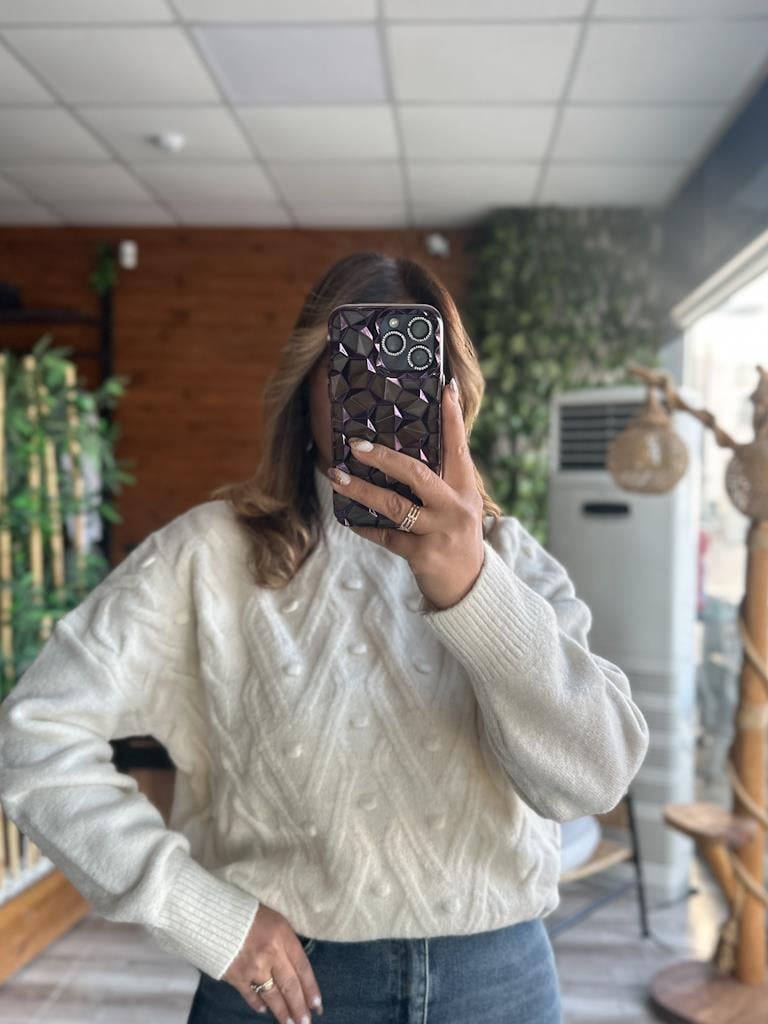 Orjinal Marka Yarım Balıkçı Örme Detay Salaş Kazak Krem