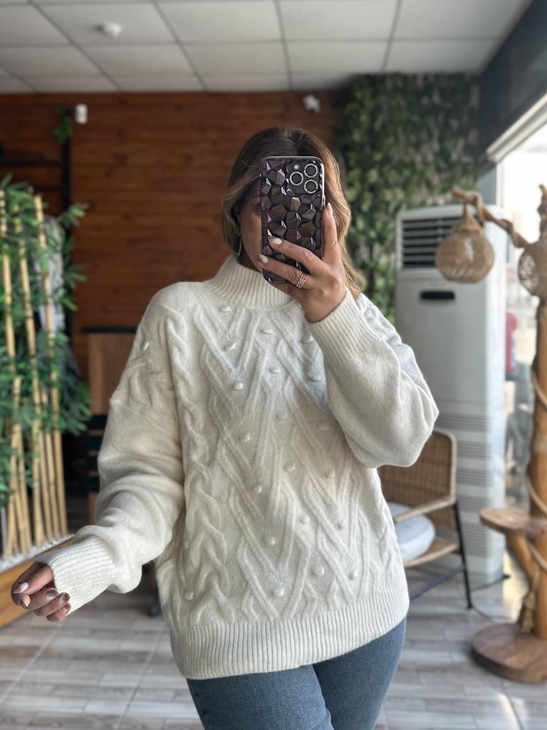 Orjinal Marka Yarım Balıkçı Örme Detay Salaş Kazak Krem