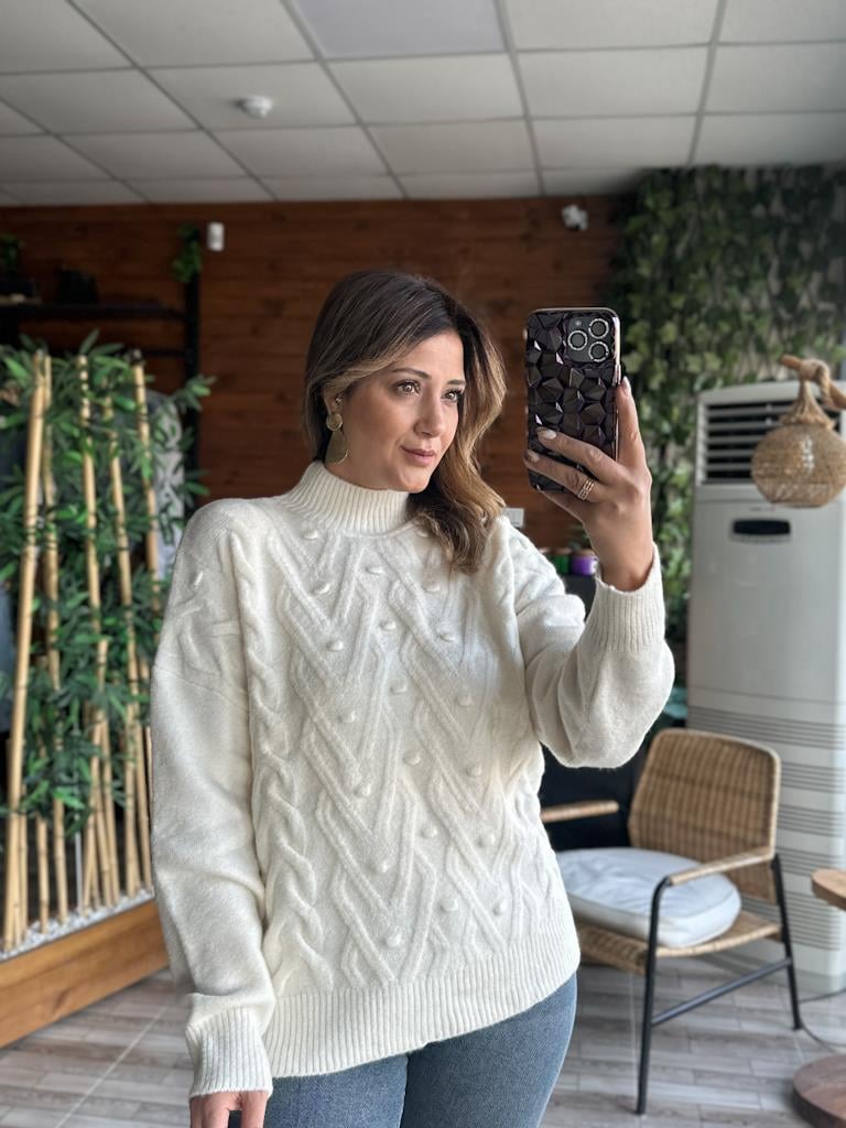 Orjinal Marka Yarım Balıkçı Örme Detay Salaş Kazak Krem