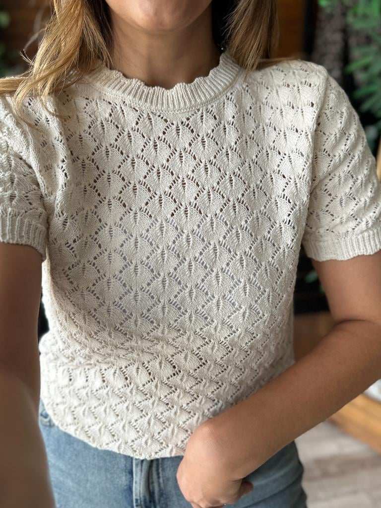 Orjinal Marka Yarım Kol Ajur Örme Triko Bluz