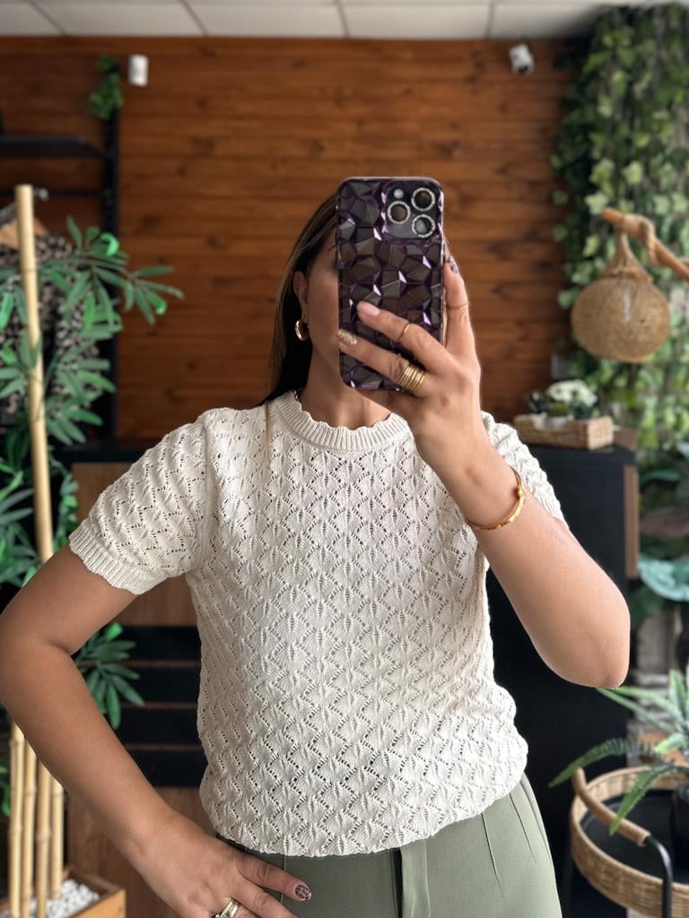 Orjinal Marka Yarım Kol Ajur Örme Triko Bluz