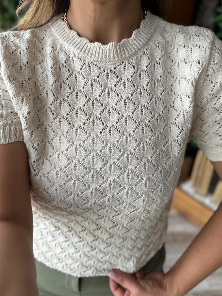 Orjinal Marka Yarım Kol Ajur Örme Triko Bluz